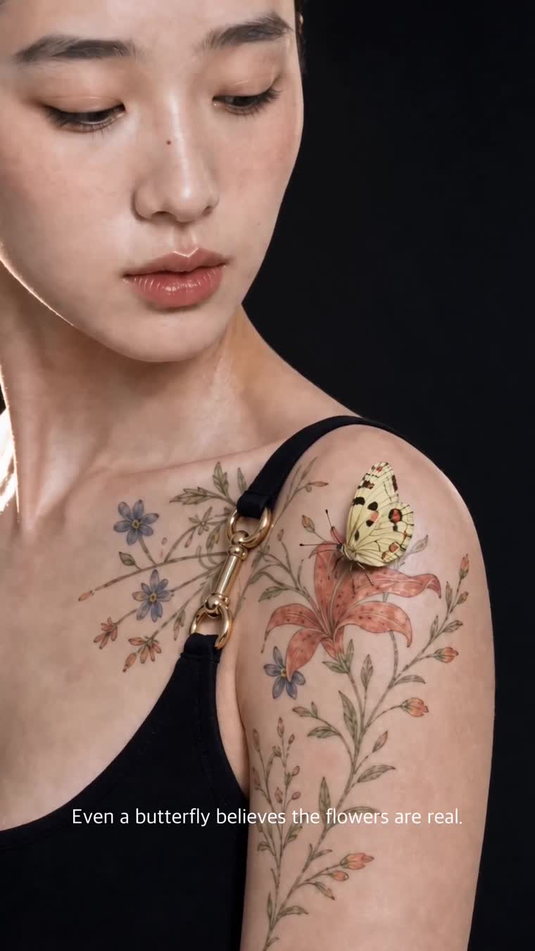 꽃 문양과 나비가 있는 AI 향수 광고 영상의 디테일 장면