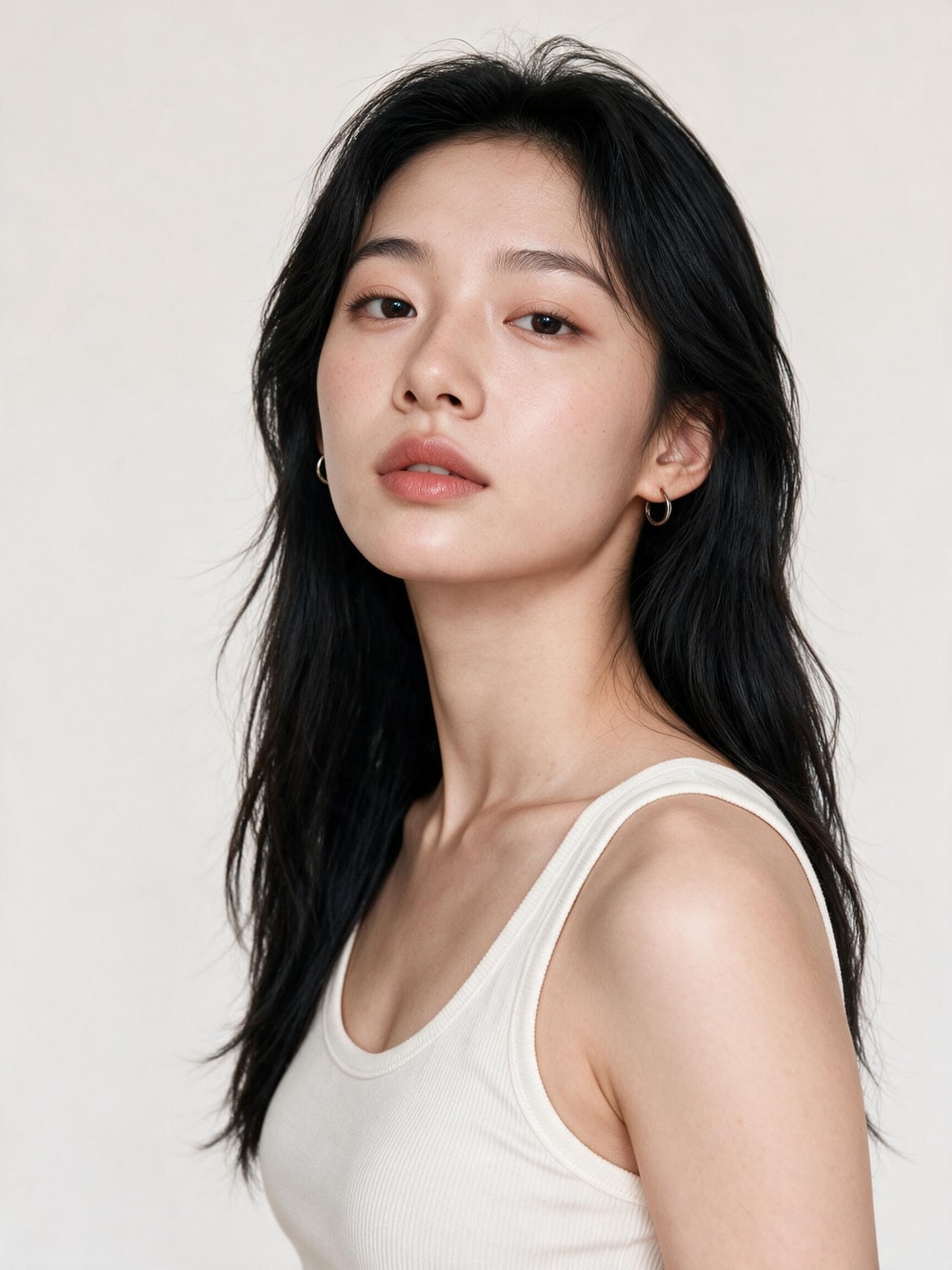 모델의 턱을 살짝 든 뷰티 앵글 클로즈업