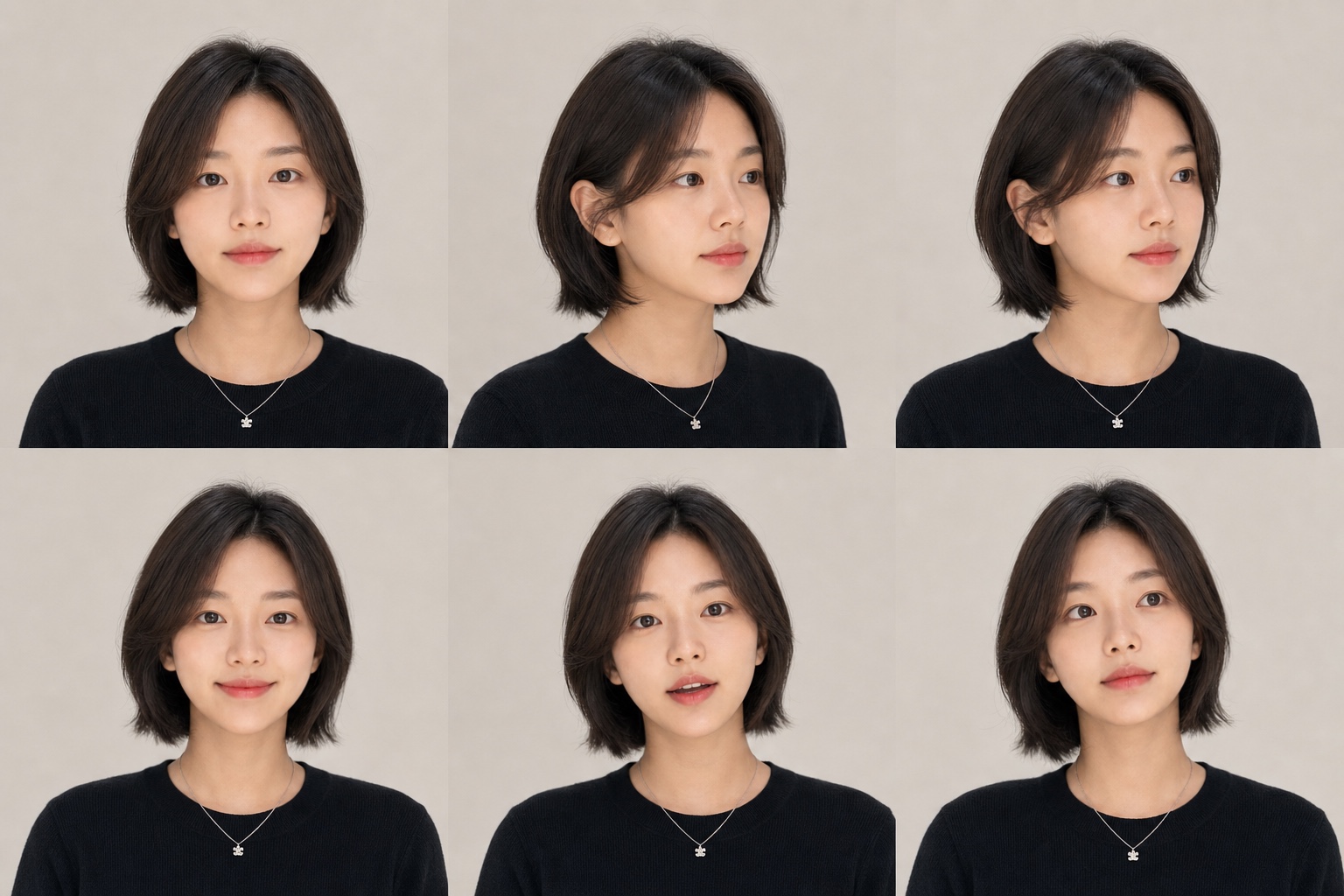 한 사람의 정면과 좌우 각도, 표정을 정리한 얼굴 정체성 모델 시트 예시