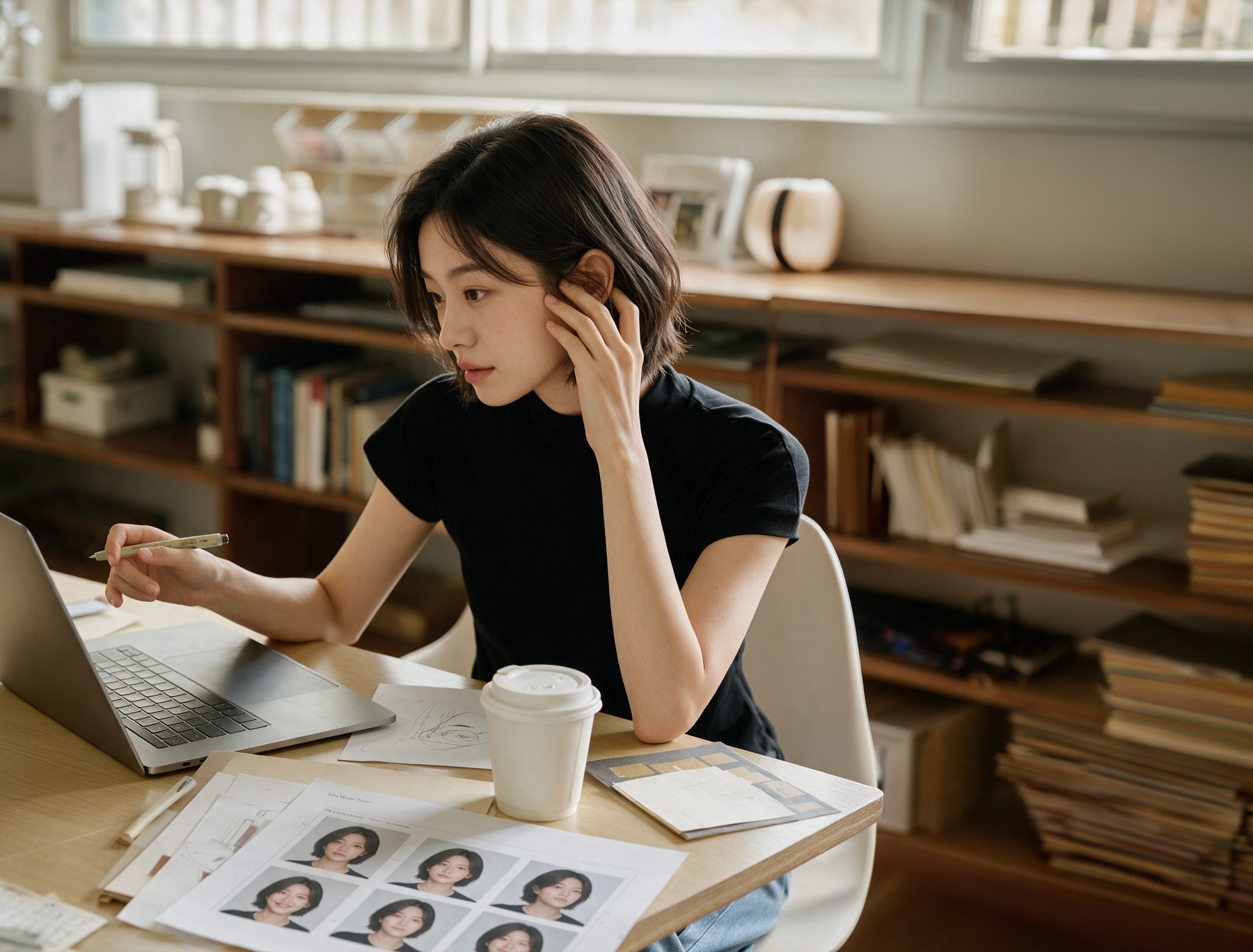 자연광이 드는 작업실에서 노트북과 얼굴 프로필 시트를 검토하는 모습