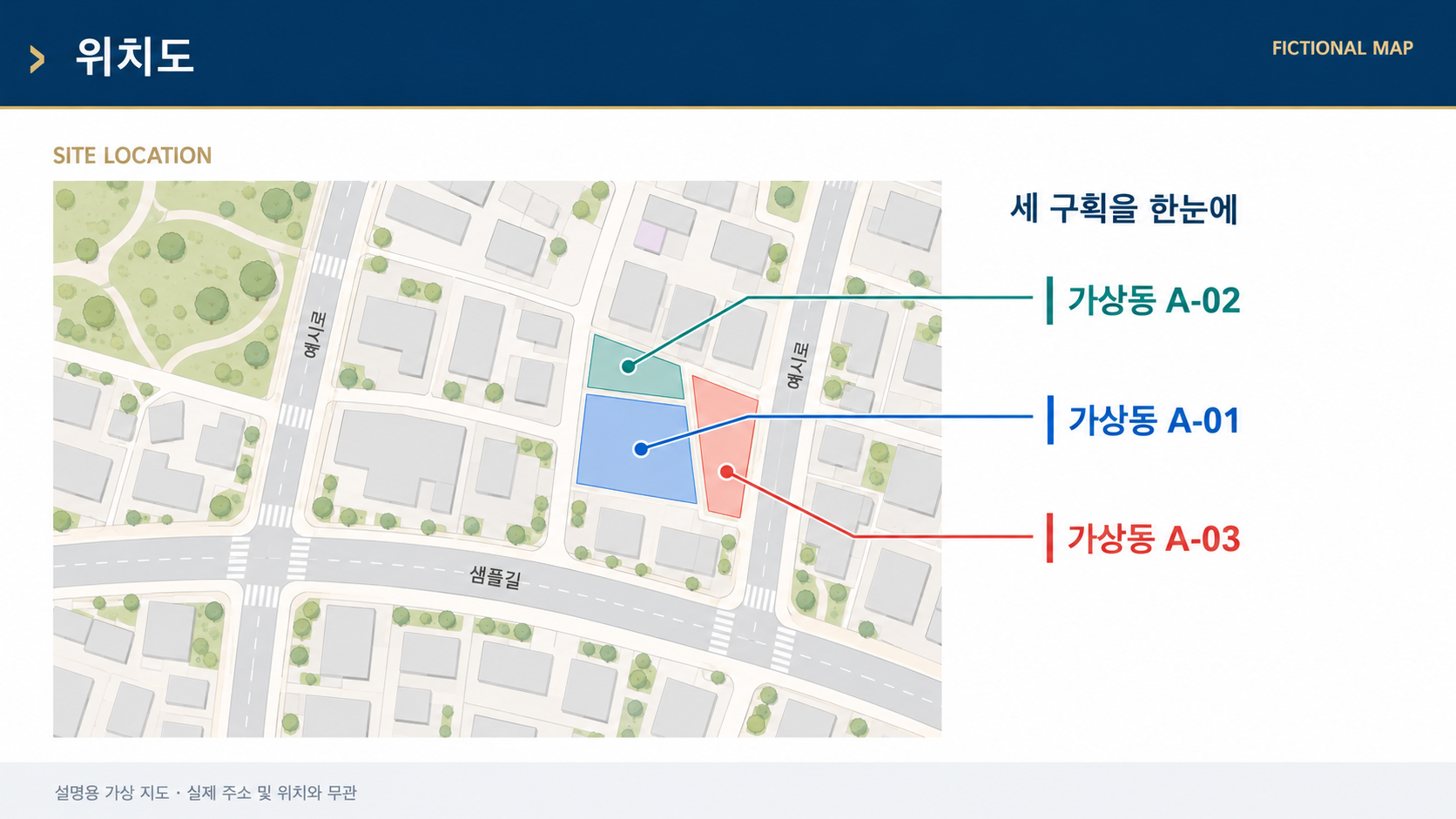 가상동 A-01, A-02, A-03을 색과 연결선으로 표시한 설명용 가상 위치도