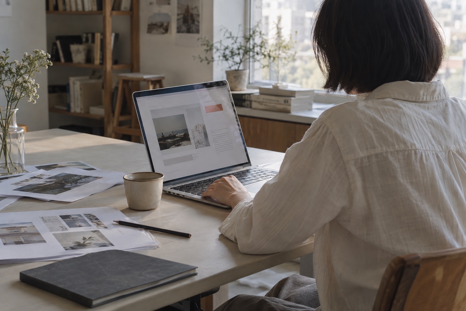 A workspace by a window, where printed materials and a web document on a laptop are being reviewed together. AI-generated image.