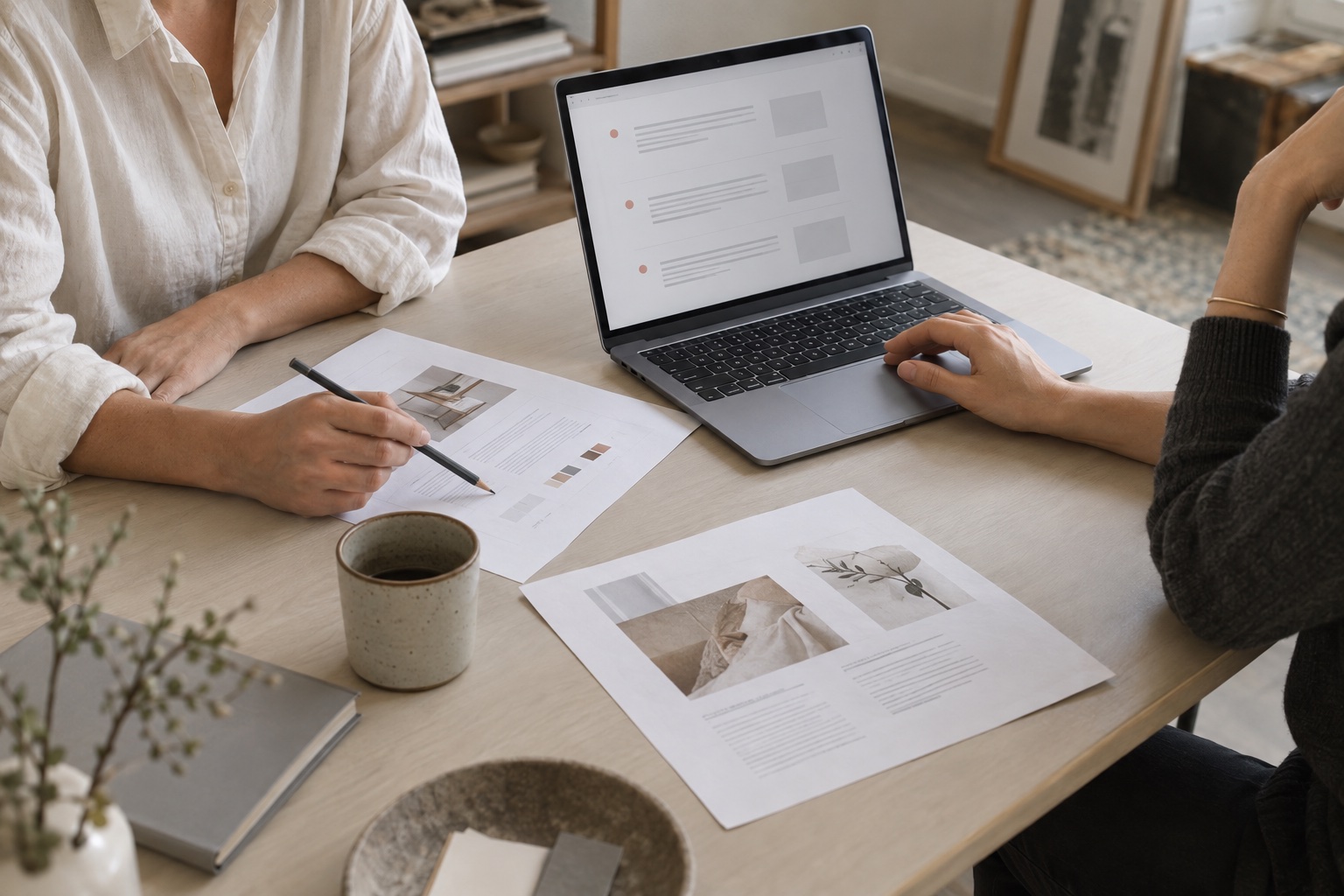 Two people reviewing a laptop and printed materials together as they discuss project roles and the scope of work. AI-generated image.