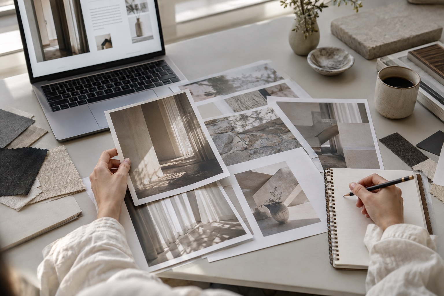 Photo references and material samples laid out and compared with a web document to define the visual direction. AI-generated image.